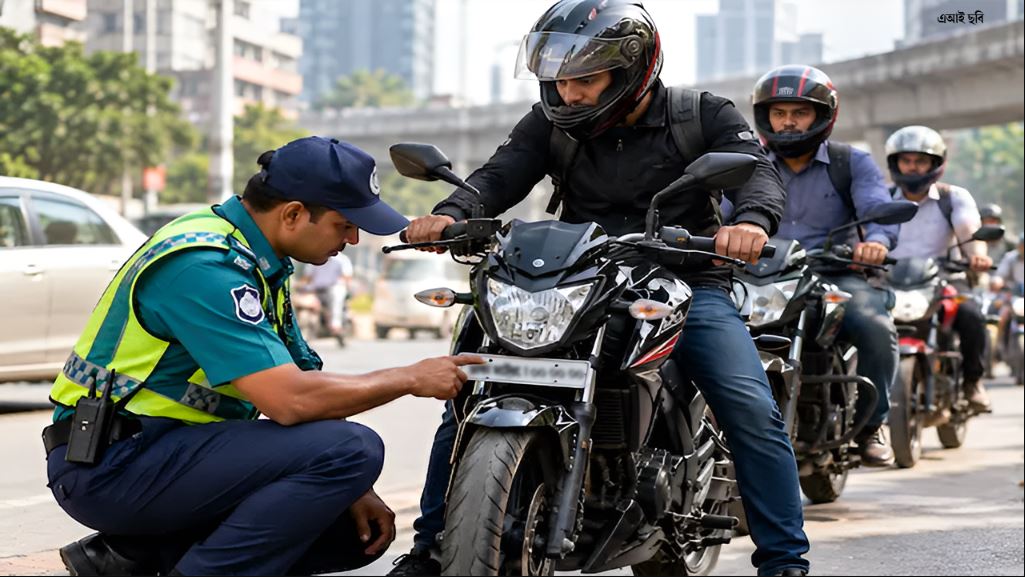 মোটরসাইকেলের সামনের নম্বরপ্লেটে ভুল হলেই আইনি ঝুঁকি